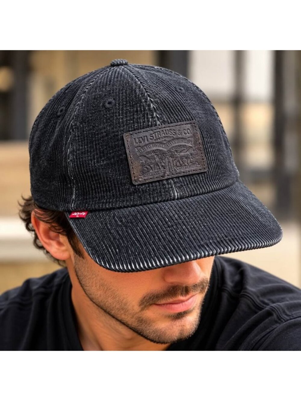 Levi’s Black Corduroy Leather Patch Strapback Hat OS new